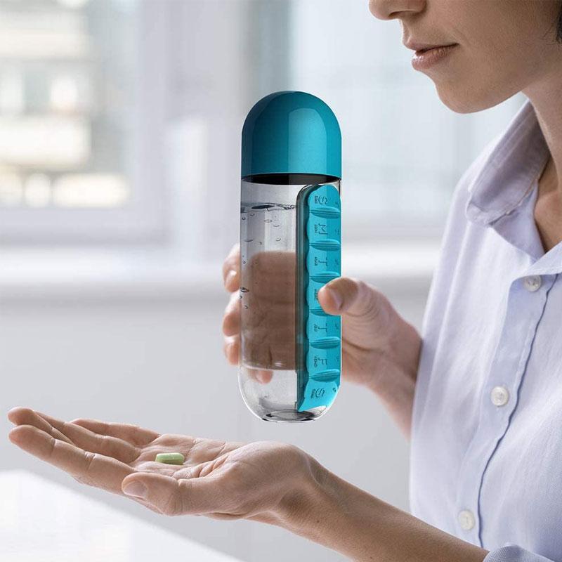 Trinkflasche mit Tablettenhalter - Tablettenfläschchen 3 IN 1 (EXKLUSIV!)